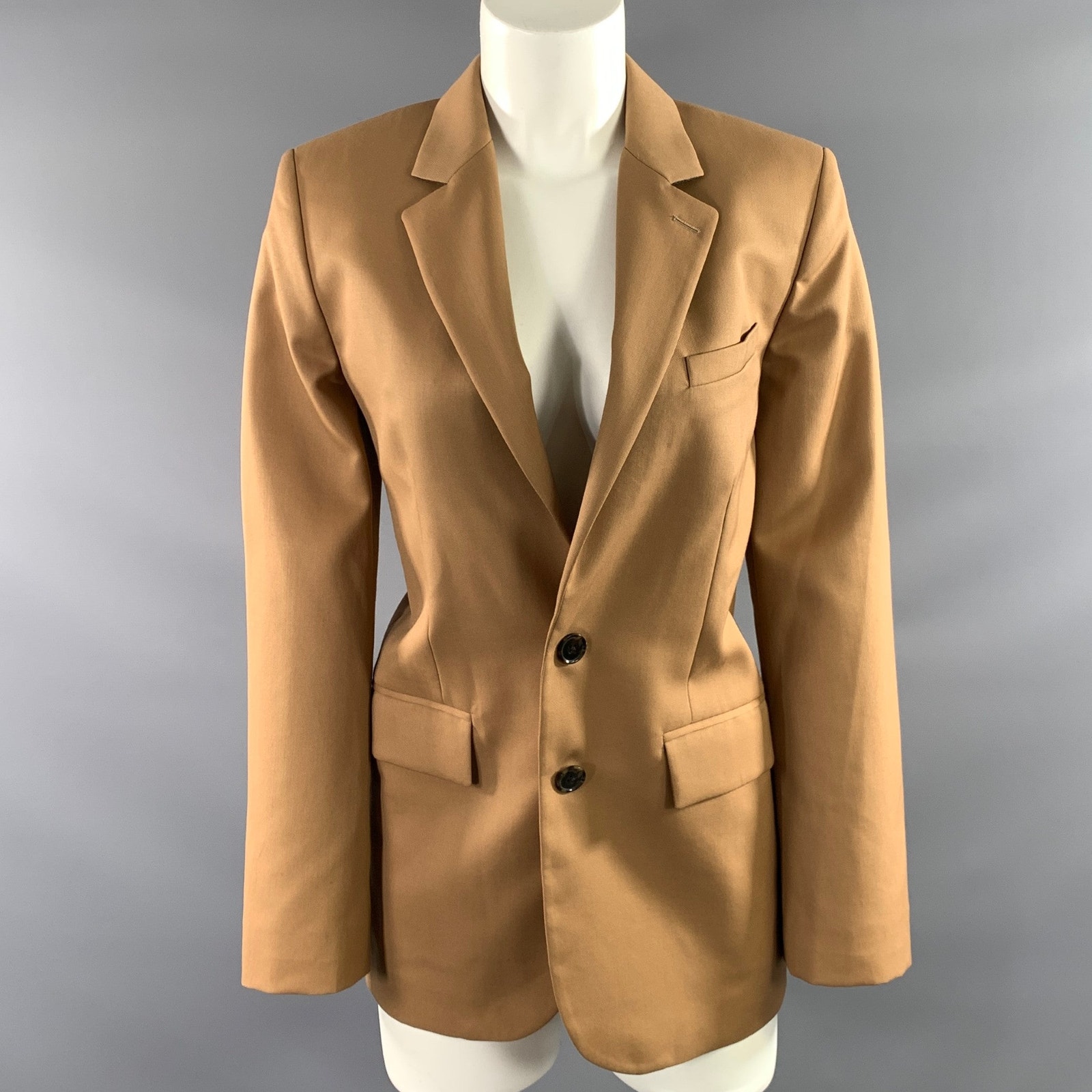 Frame Size S Tan Wool Polyester Notch Lapel Jacket Indoor Blazer